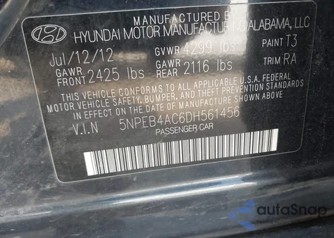 2013 Hyundai Sonata Gls из США, поврежденный, VIN 5NPEB4AC6DH561456